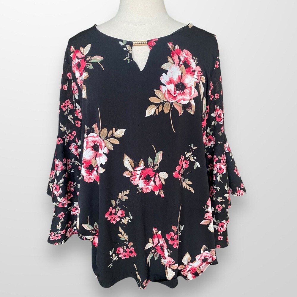 JM Collection Woman‎ Size 1X Blouse Top Shirt Ruffle Bell Sleeve Stretrch Flowy